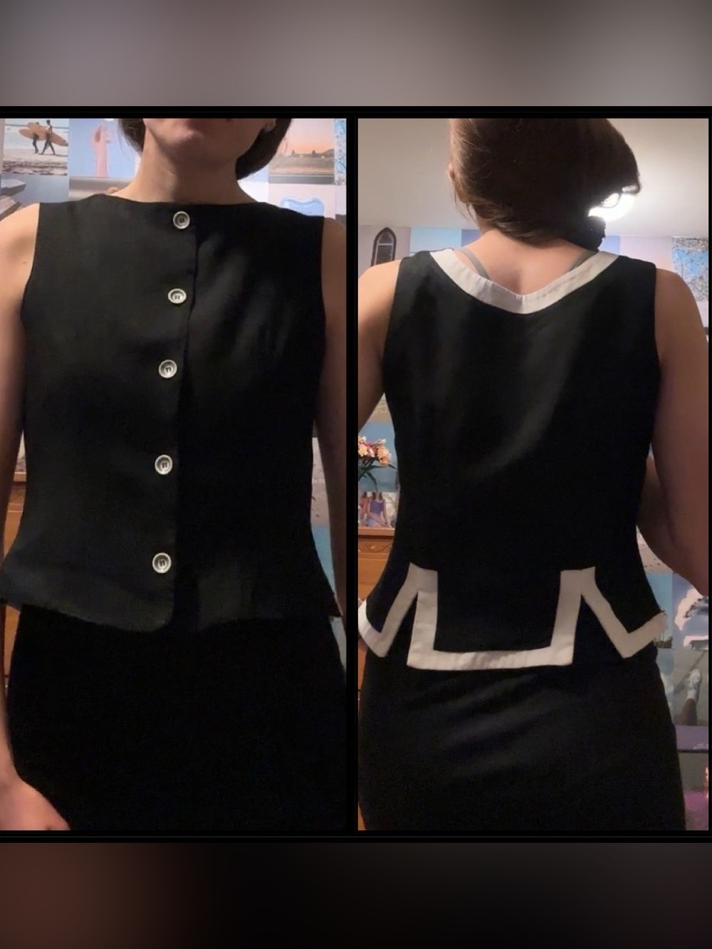 Classic Black Sleeveless Peplum Top with White Trim